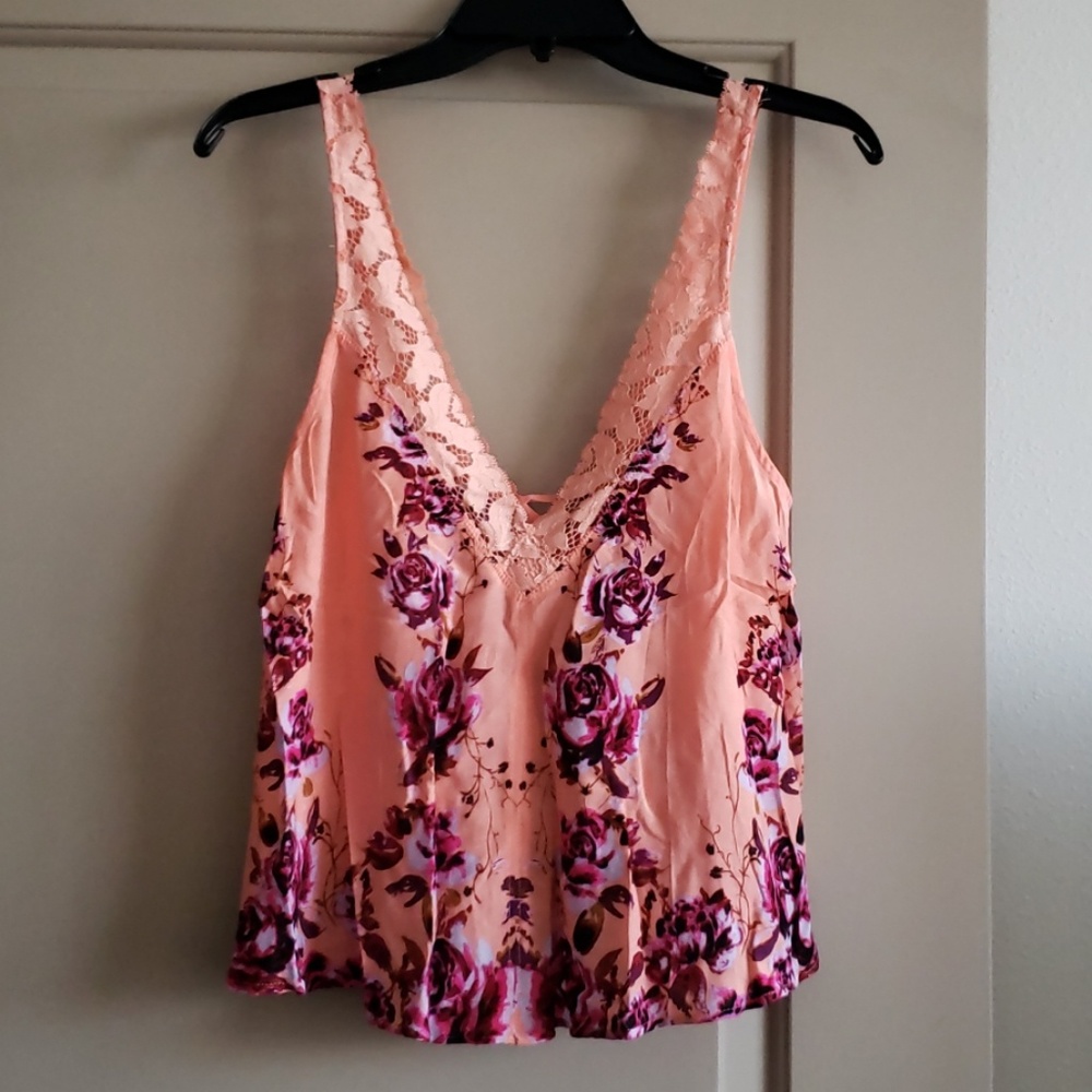FREE PEOPLE MORNING ROSE PEACH FLORAL LACE CAMI